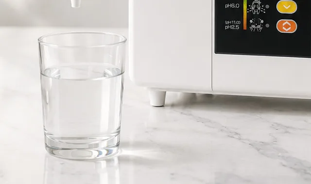 כוס של Kangen Water טרי לצד ה-SD501DX